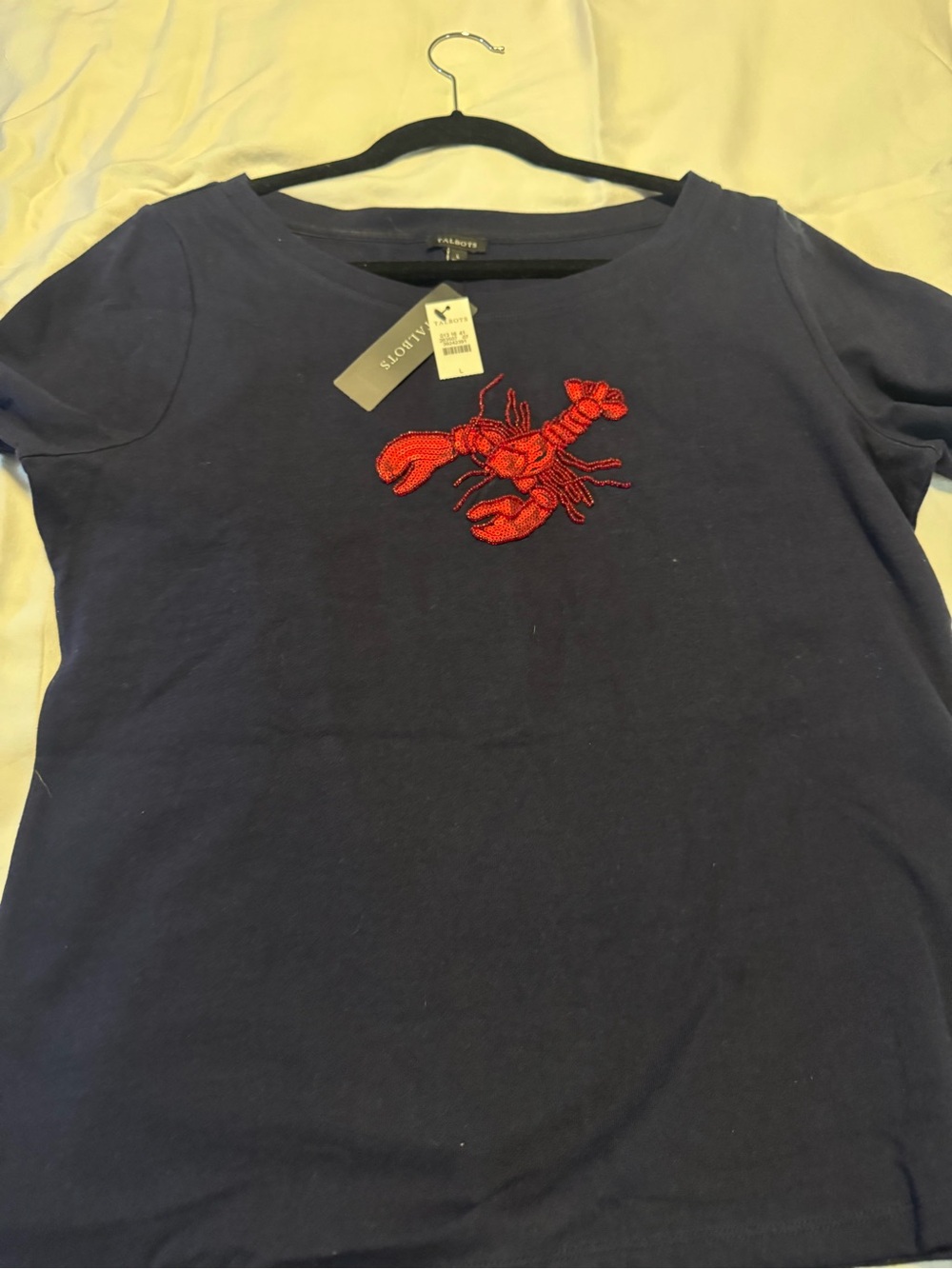 NWT Talbots Navy Crew Neck Top with Red Beaded Lobster L - Picture 3 of 4